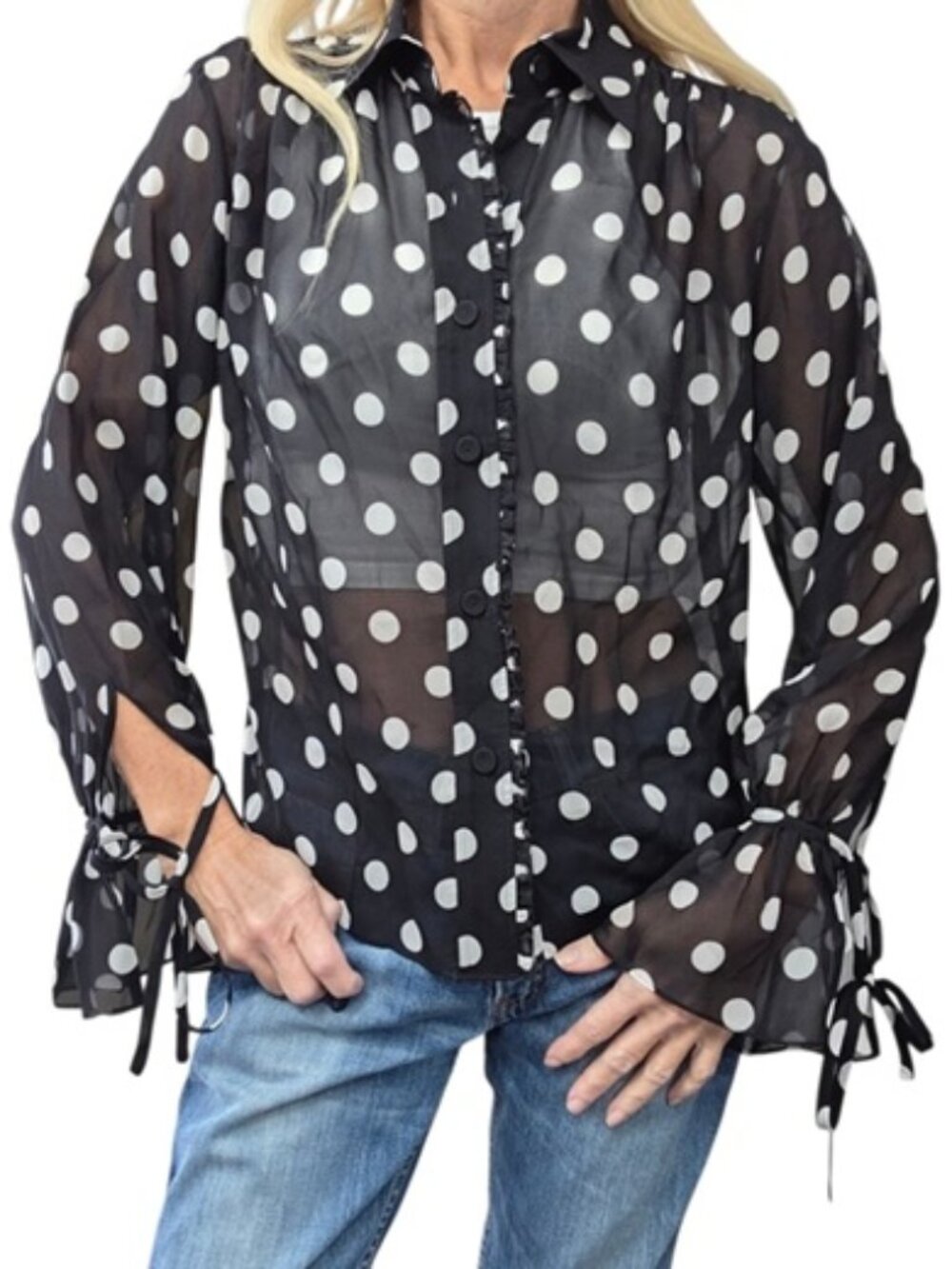 LILYSILK Polka Dot Silk Georgette Blouse S Ruffle Bow Cuff Black White